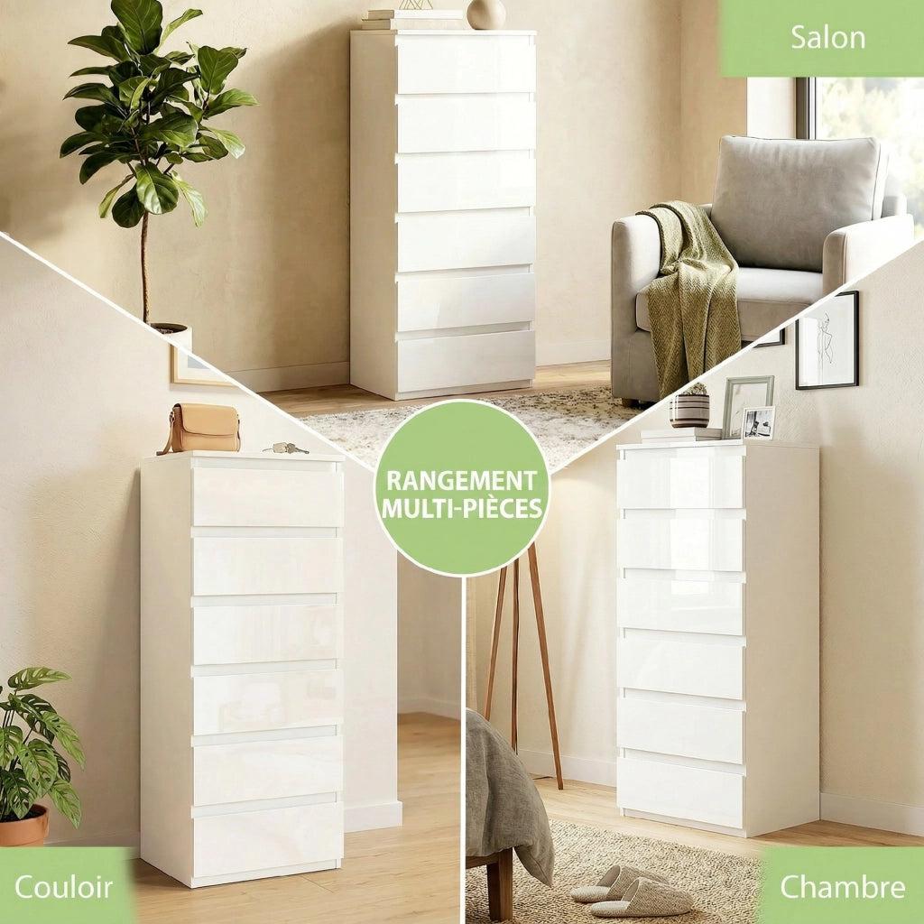 Cassettiera 6 cassetti lucido senza maniglie ¨C zephmum ¨C bianco 40x35x109