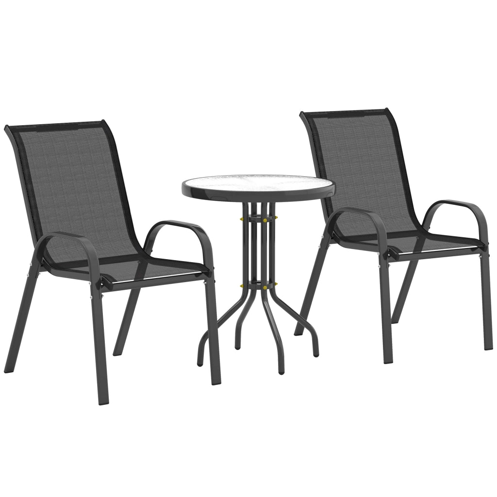 Set bistrot in 3 pezzi: Tavolo di vetro resistente + sedie impilabili; nero
