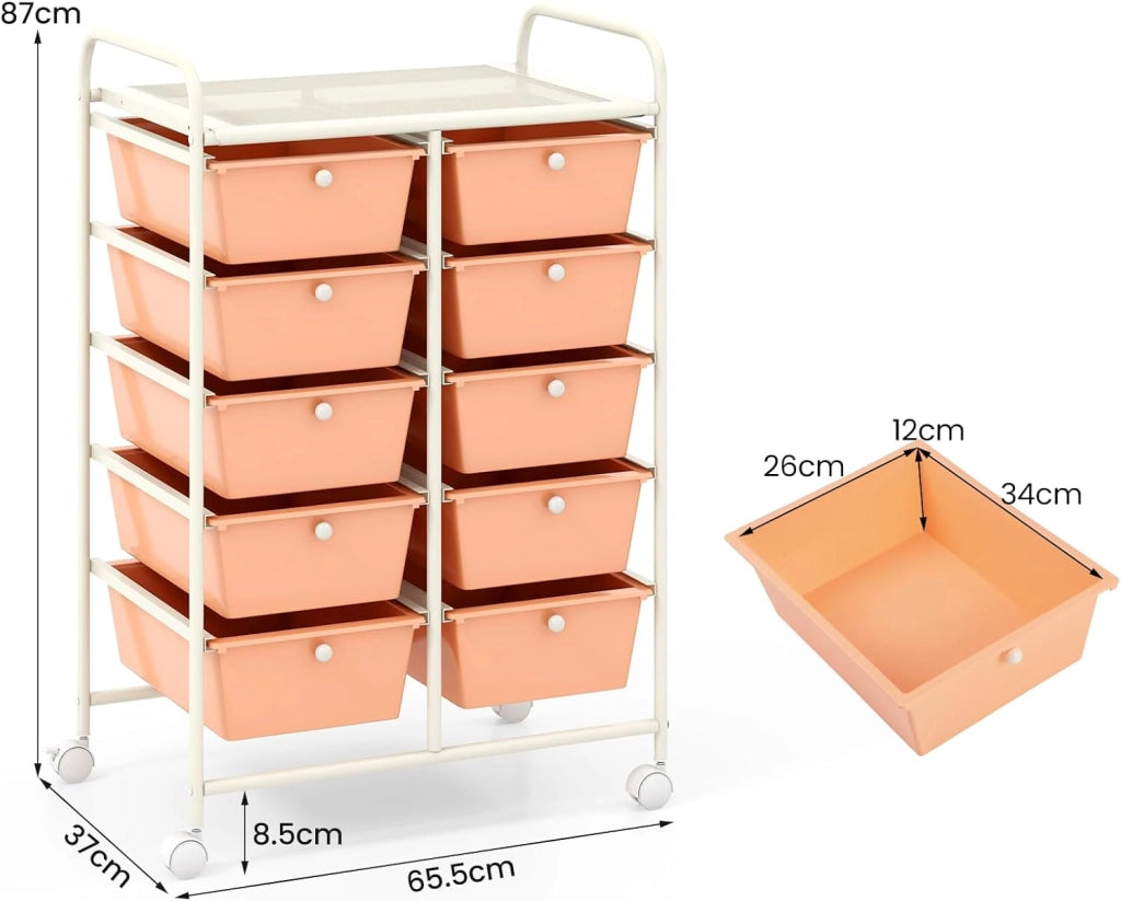 Carrello con 10 cassetti, impilabile, per cassetti, da cucina, bagno, ufficio, 65,5 x 37 x 87 cm (arancione chiaro)