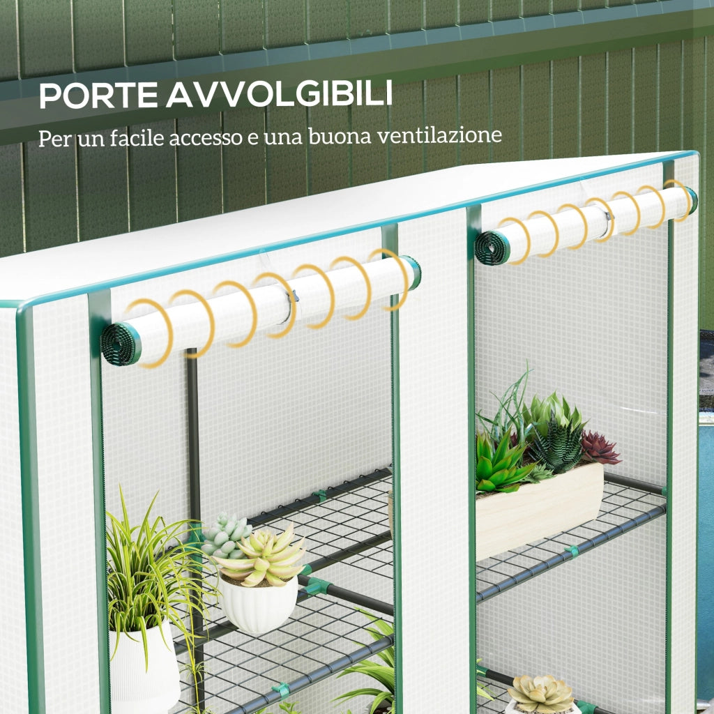 Serra da Giardino con 2 Porte Avvolgibili, Scaffale a 3 Ripiani e Tasche Laterali, Bianco e Verde