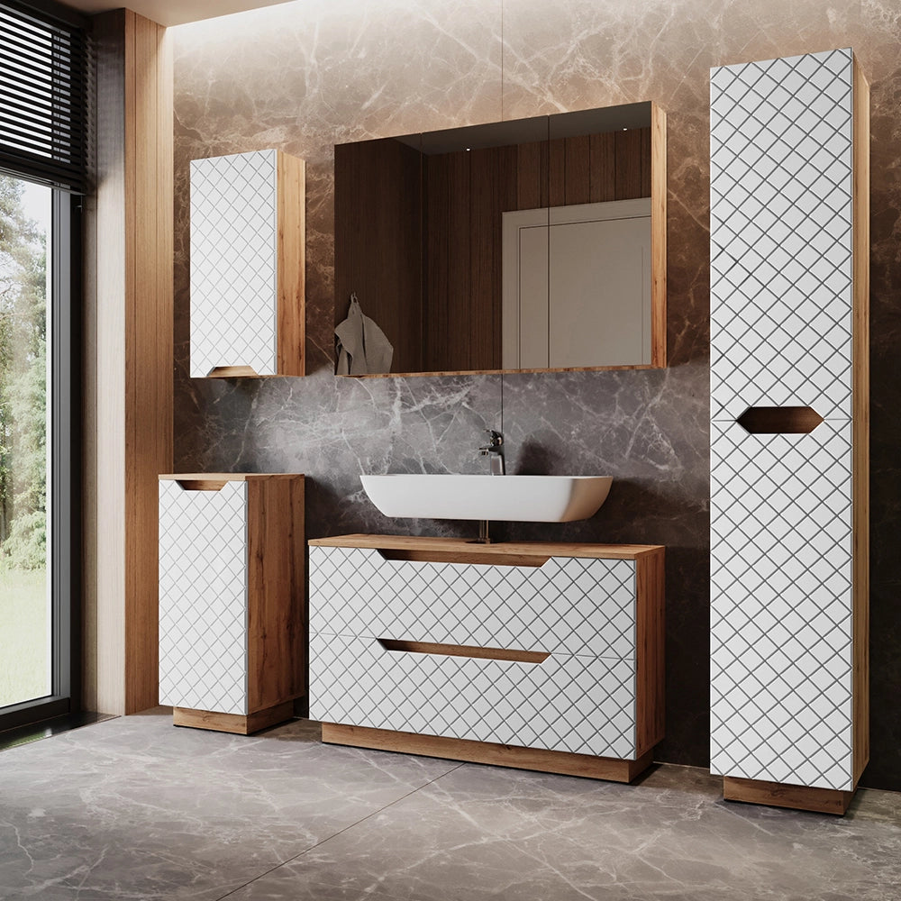 Vicco Set di mobili da bagno Rovere/bianco con struttura in piastrelle 5 parti
