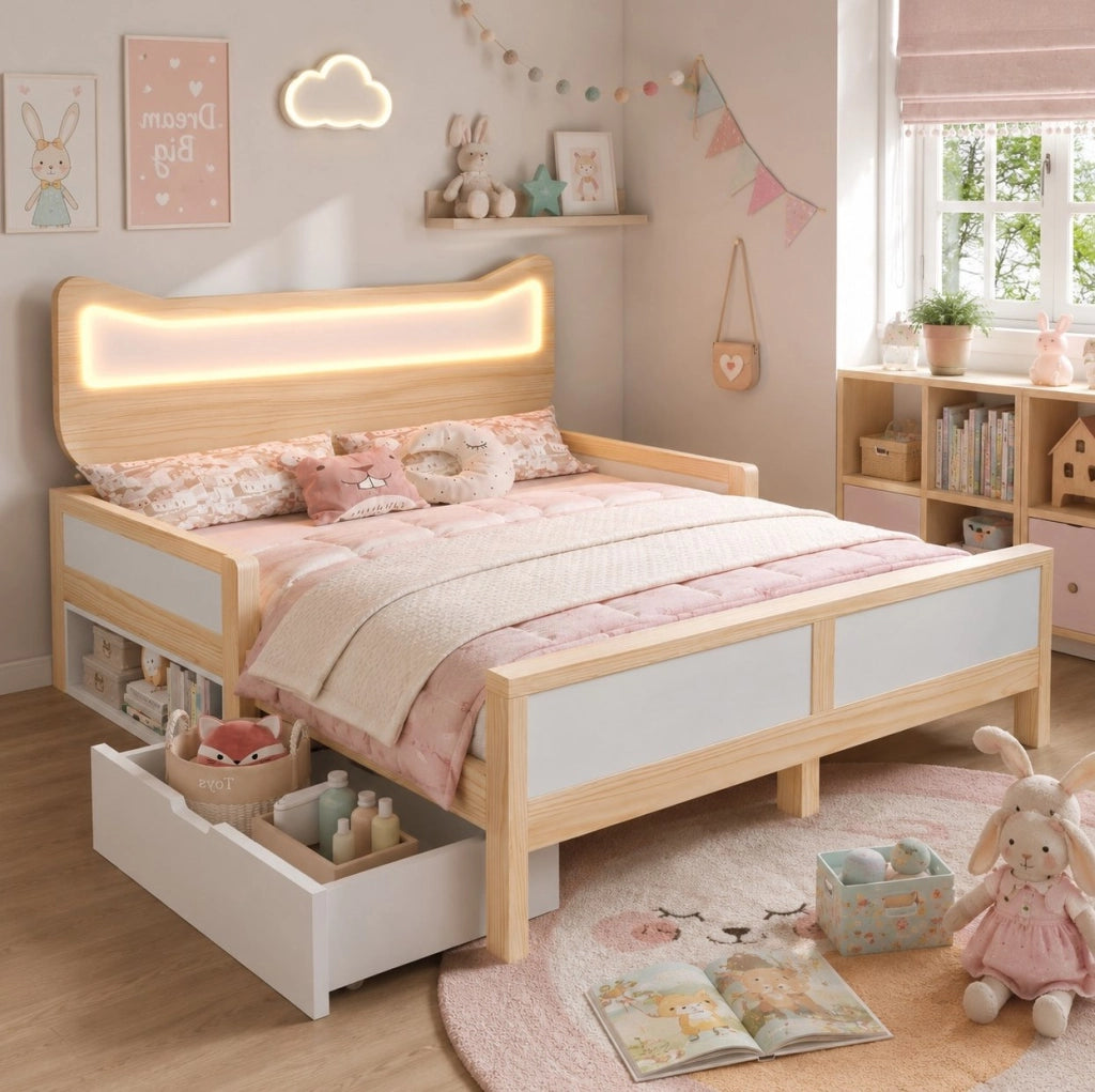 Letto per bambini 140x200 cm con LED RGB, cassetto e vano