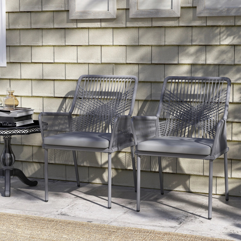 Set di 2 sedie da giardino in rattan e acciaio; cuscini lavabili; braccioli e schienale; Grigio scuro
