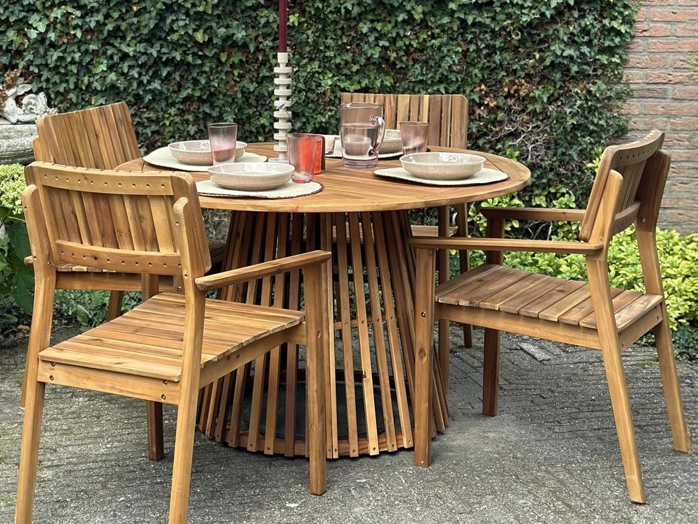 Tavolo da pranzo da giardino in legno chiaro di acacia piano rotondo 120 cm design a doghe per interni esterni