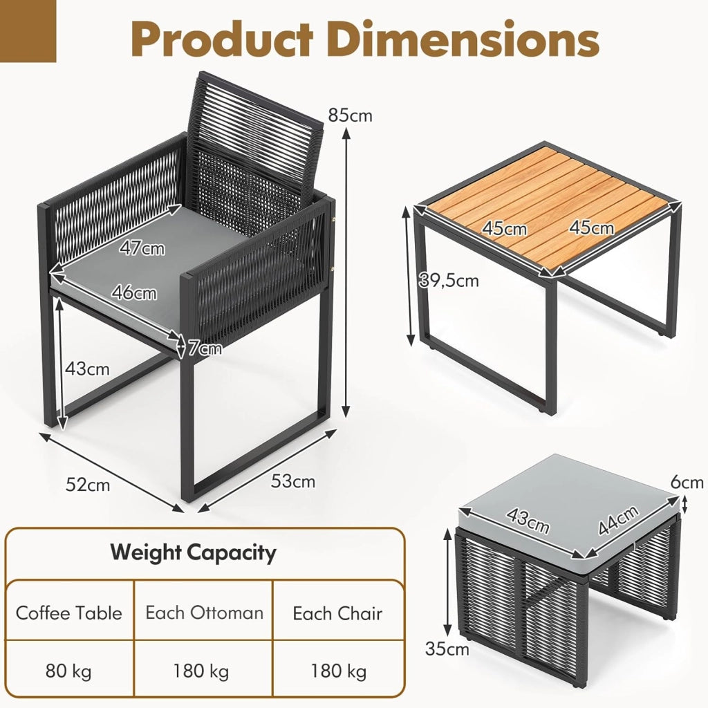 Set di Mobili da Giardino in Rattan per 2-4 Persone, Tavolo da Giardino con Piano in Legno e 2 Sedie (Capacità 180 kg), 2 Sgabelli, 4 Cuscini Rimuovibili, Arredamento da Giardino per Patio