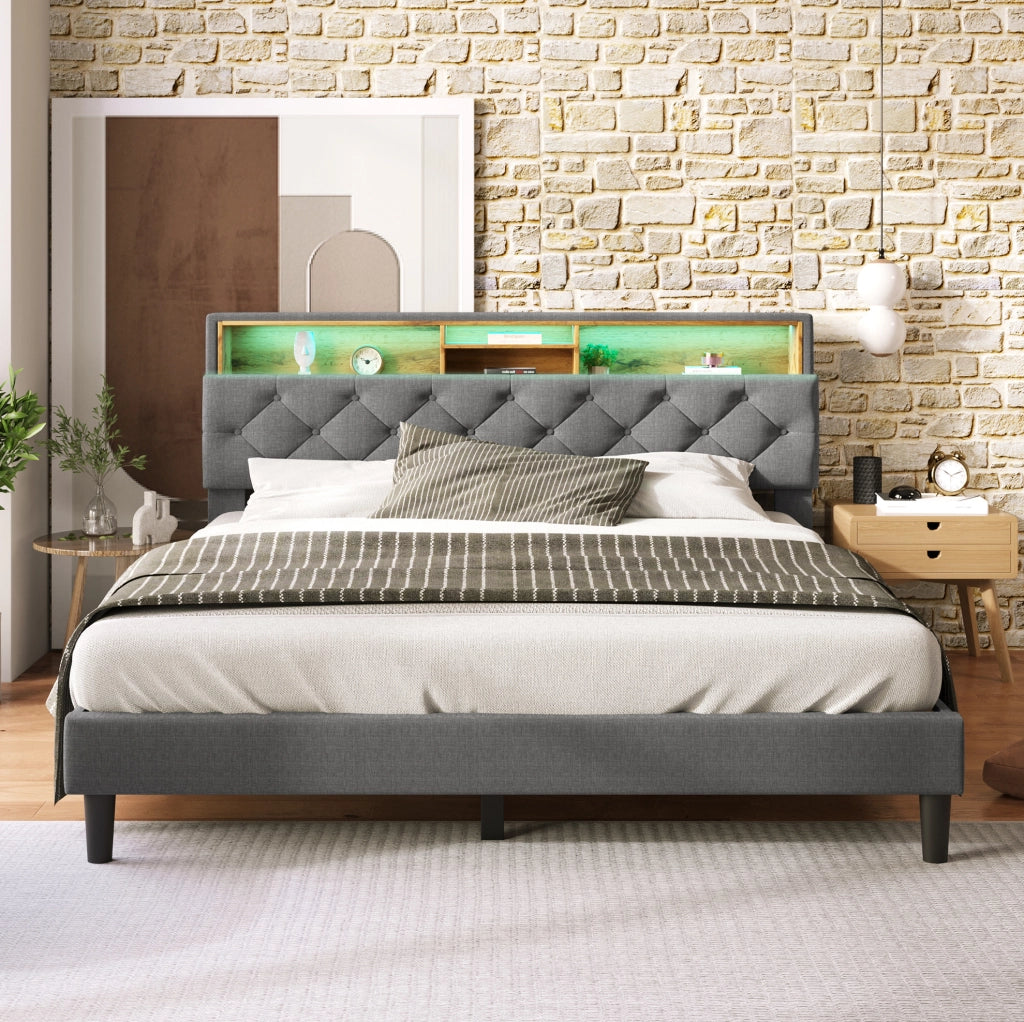 Letto matrimoniale imbottito con testiera contenitore e LED; 140x200 cm; grigio