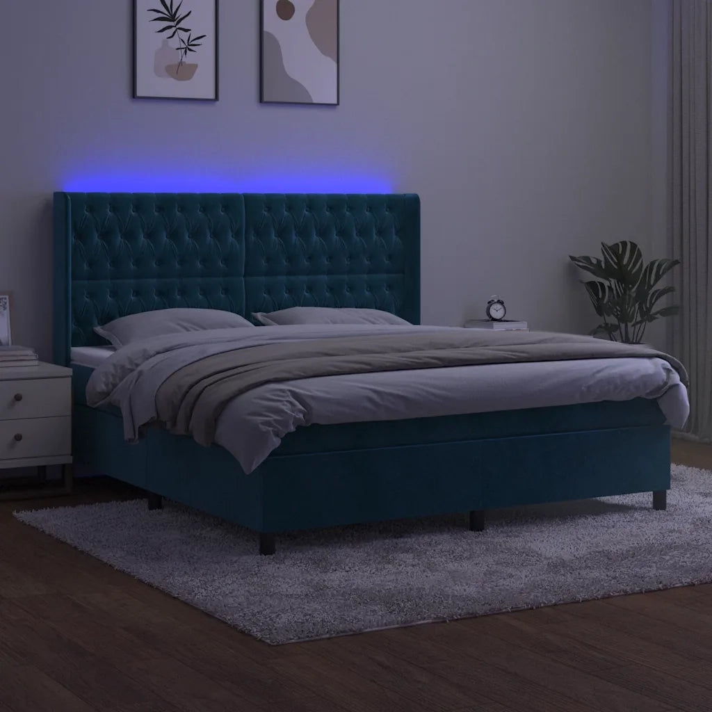Letto a Molle con Materasso e LED Blu Scuro 160x200 cm 3139755
