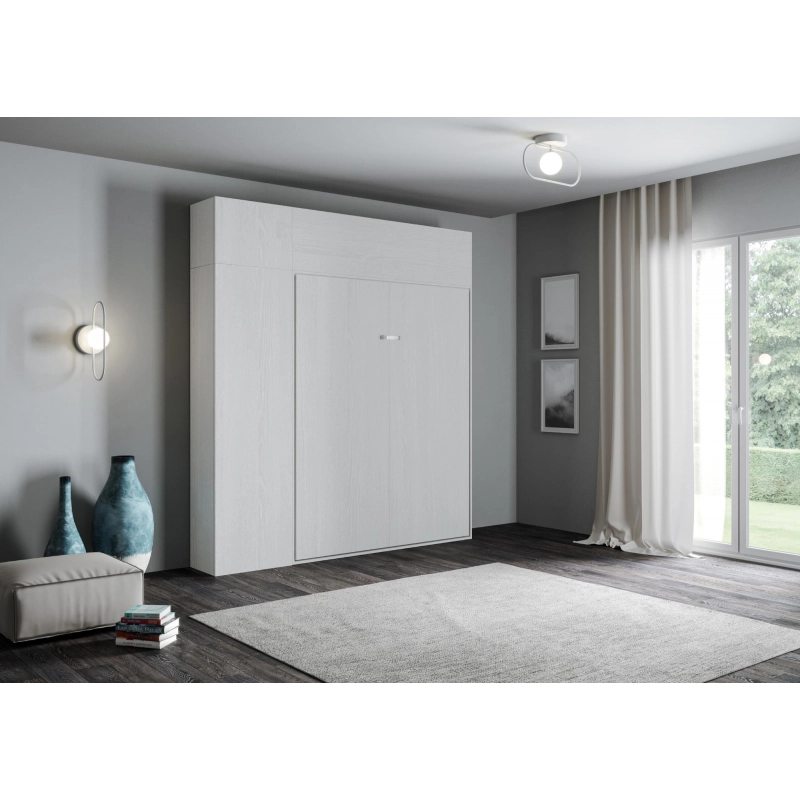 Letto a scomparsa 160 verticale Kentaro con colonna e pensili - Bianco Frassino