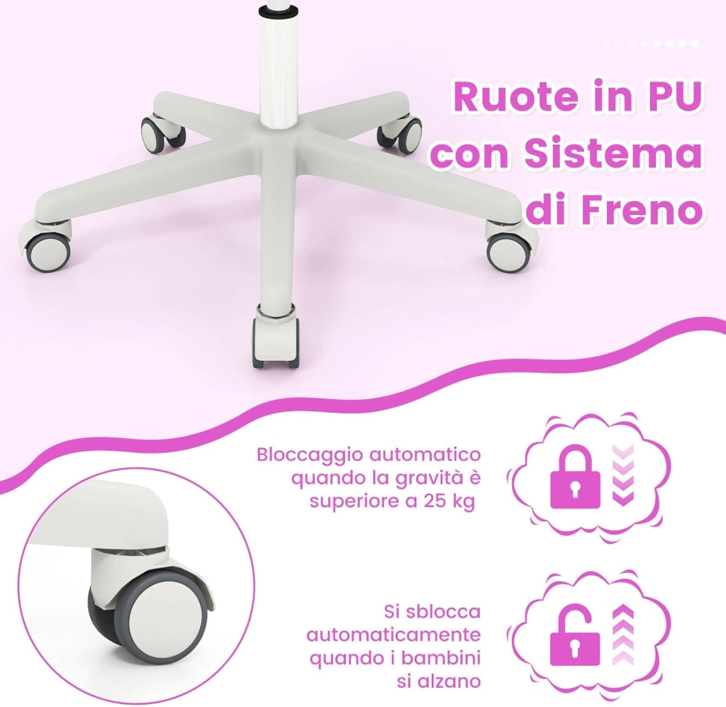 Sedia da Scrivania per Bambini, Sedia Girevole per Computer con Altezza Regolabile, Ruote con Freno, Braccioli Morbidi, Mobile Ergonomica per Bambini 6-15 Anni (Viola, Rullo di Pressione)