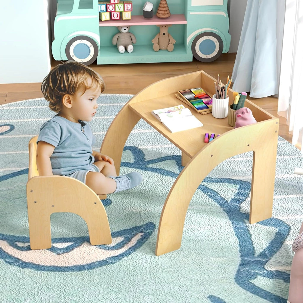 Set Tavolo e Sedie per Bambini 3+ Anni, Tavolino Legno con Sedie per Cameretta con Bordo Curvato e Ampio Piano, Mobile Salvaspazio per Camera da Letto, Soggiorno e Asilo (Naturale)