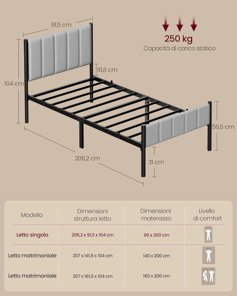 VASAGLE Struttura Letto Singolo, 90 x 200 cm, con Testiera Imbottita, Telaio del Letto, Doghe in Acciaio, Regge fino a 250 kg, Montaggio Facile, Grigio Tortora RMB972G01