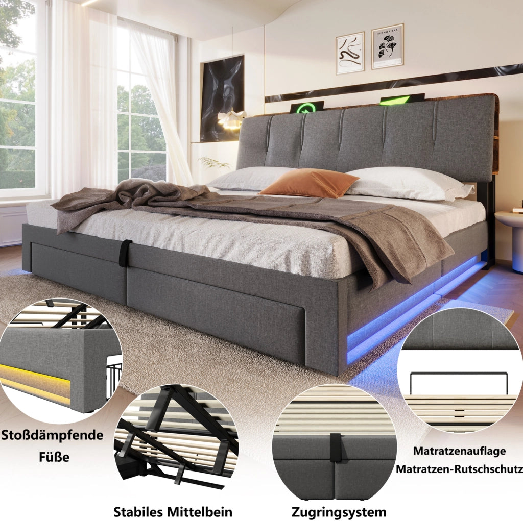 LETTO Contenitore 180x200 cm Lino Grigio con USB e LED