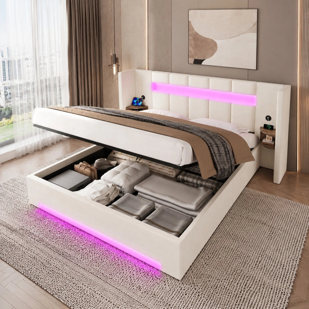 Letto matrimoniale imbottito in velluto beige 160x200 cm con testiera ampia, USB, LED e contenitore