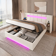 Letto matrimoniale imbottito in velluto beige 160x200 cm con testiera ampia, USB, LED e contenitore
