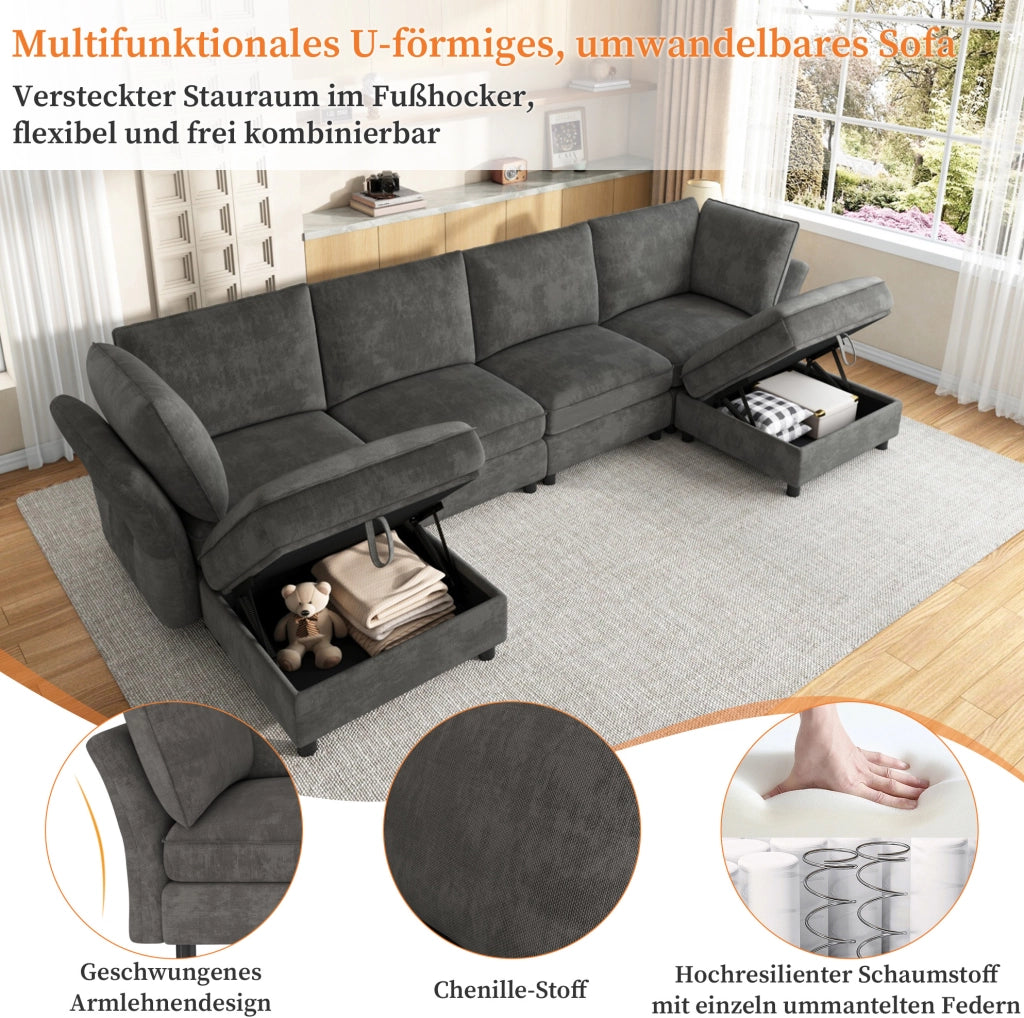 Divano modulare 6 posti a U/L con 2 pouf contenitore grigio