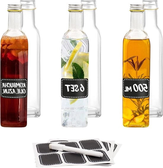 6 Flaconi in vetro da 500ml con coperchio a vite quadrata - Flaconi vuoti da riempire - 6 etichette con pennarello - Per olio aceto succo e limonata