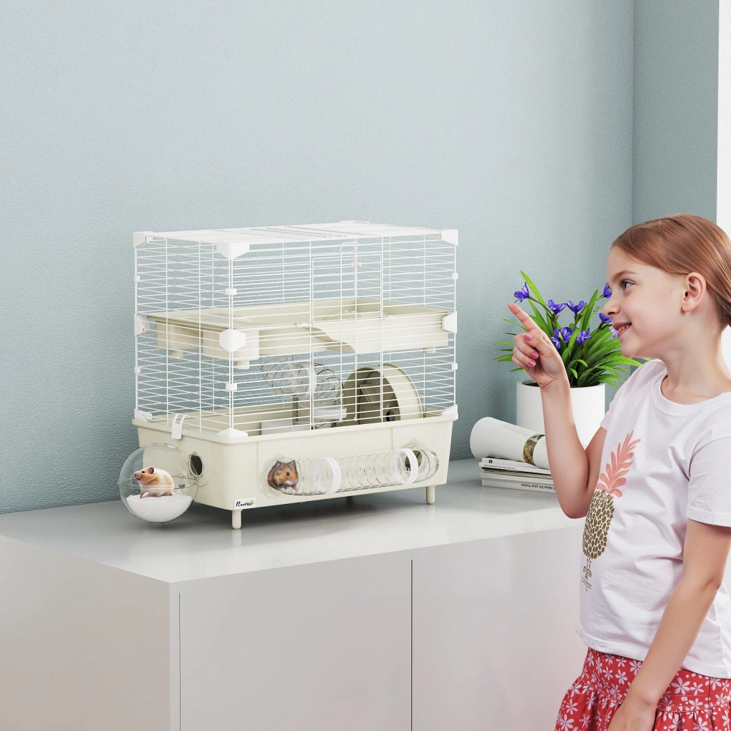 Gabbia per Criceti a 2 Livelli con 3 Porte, Ruota e Tubi ¨C zephmum ¨C Acciaio, PS e PP, Crema e Bianco, 44.5x28x44 cm