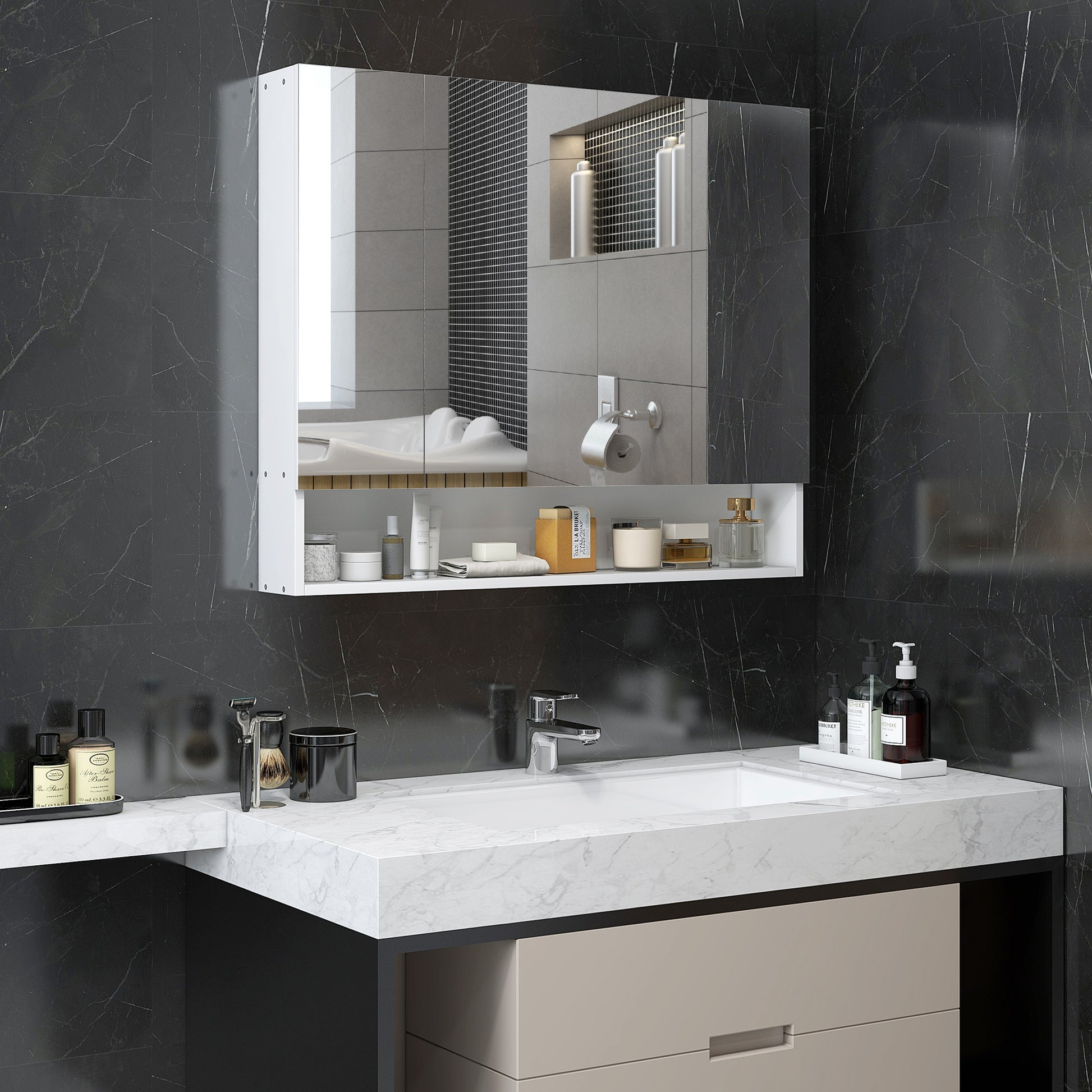 Armadietto da Bagno 90x15x75 cm con Specchio 3 Ante Soft Close e Ripiani Regolabili in MDF Bianco
