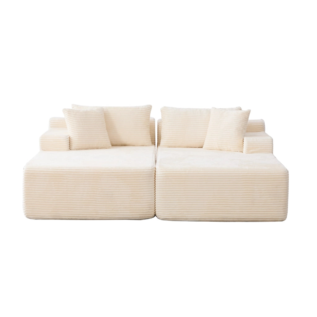 Divano con chaise longue e cuscino in ciniglia beige