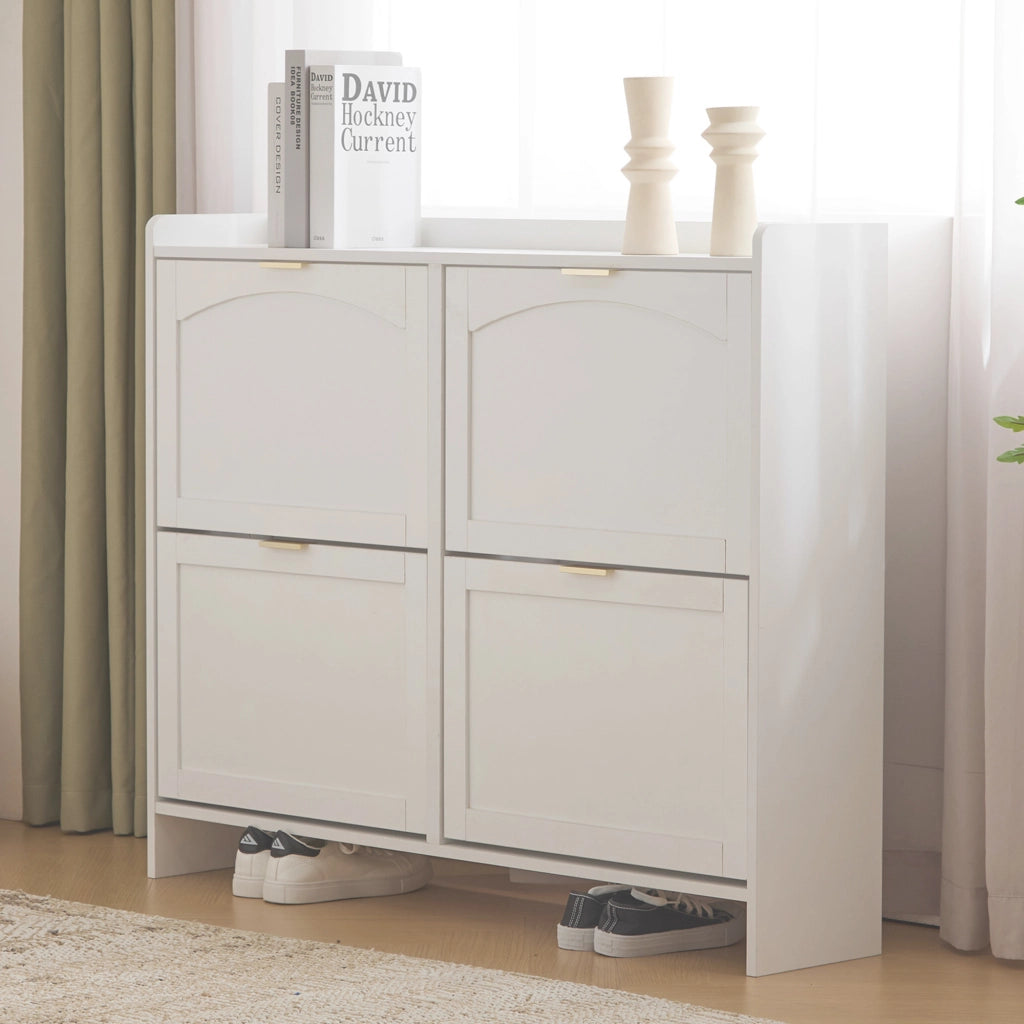OKWISH Scarpiera con 4 Ante a Ribalta, Ripiani Regolabili e Vani Aperti, per Ingresso, Bianca, 110×24×90 cm