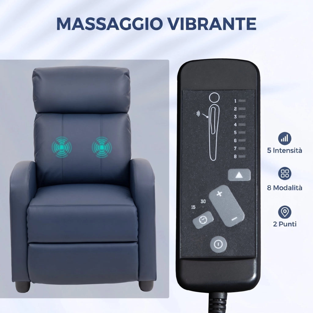 Poltrona Massaggiante Reclinabile 68x88x98 cm con Telecomando e Poggiapiedi in Pelle PU Blu Scuro