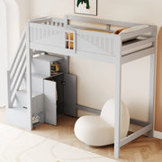 OKWISH Letto a Soppalco 90×200 cm, Letto Singolo con Sponde di Sicurezza, Scala Reversibile e Ripiani Laterali, senza Materasso, Grigio
