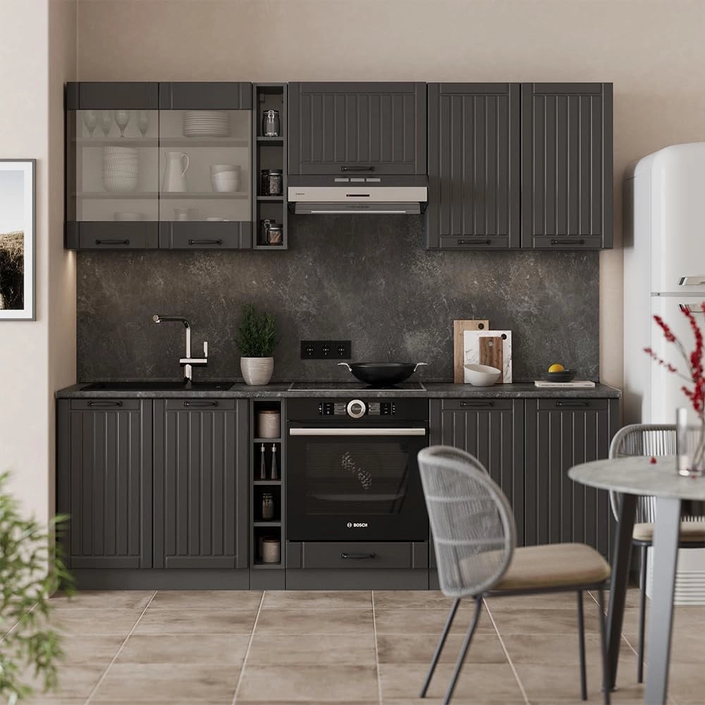 Cucina componibile Fame-Line, Grigio scuro, 235 cm senza piano di lavoro