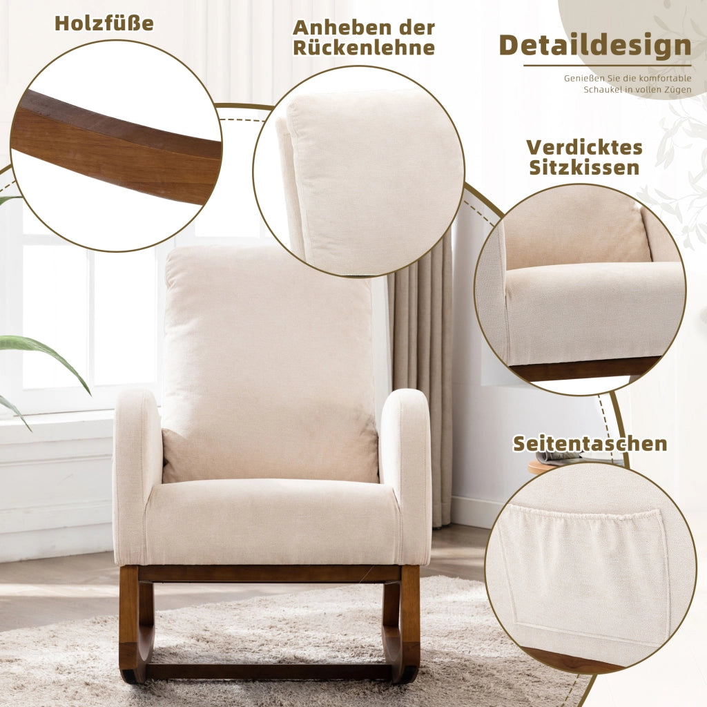 Sedia a dondolo con schienale alto e tasche laterali in lino beige con braccioli lunghi e gambe in legno di gomma