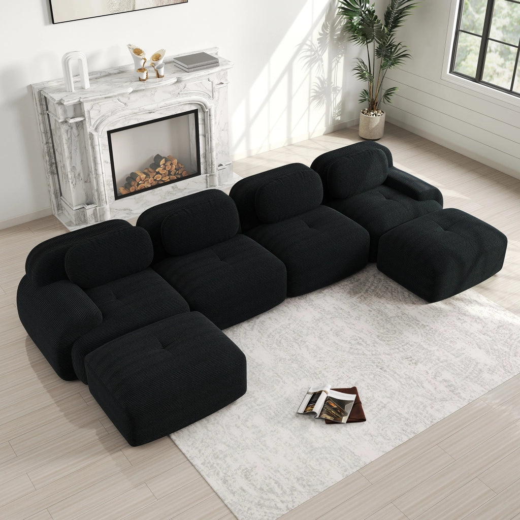 Divano modulare angolare senza montaggio - con braccioli curvi e seduta ergonomica - in velluto a coste - nero