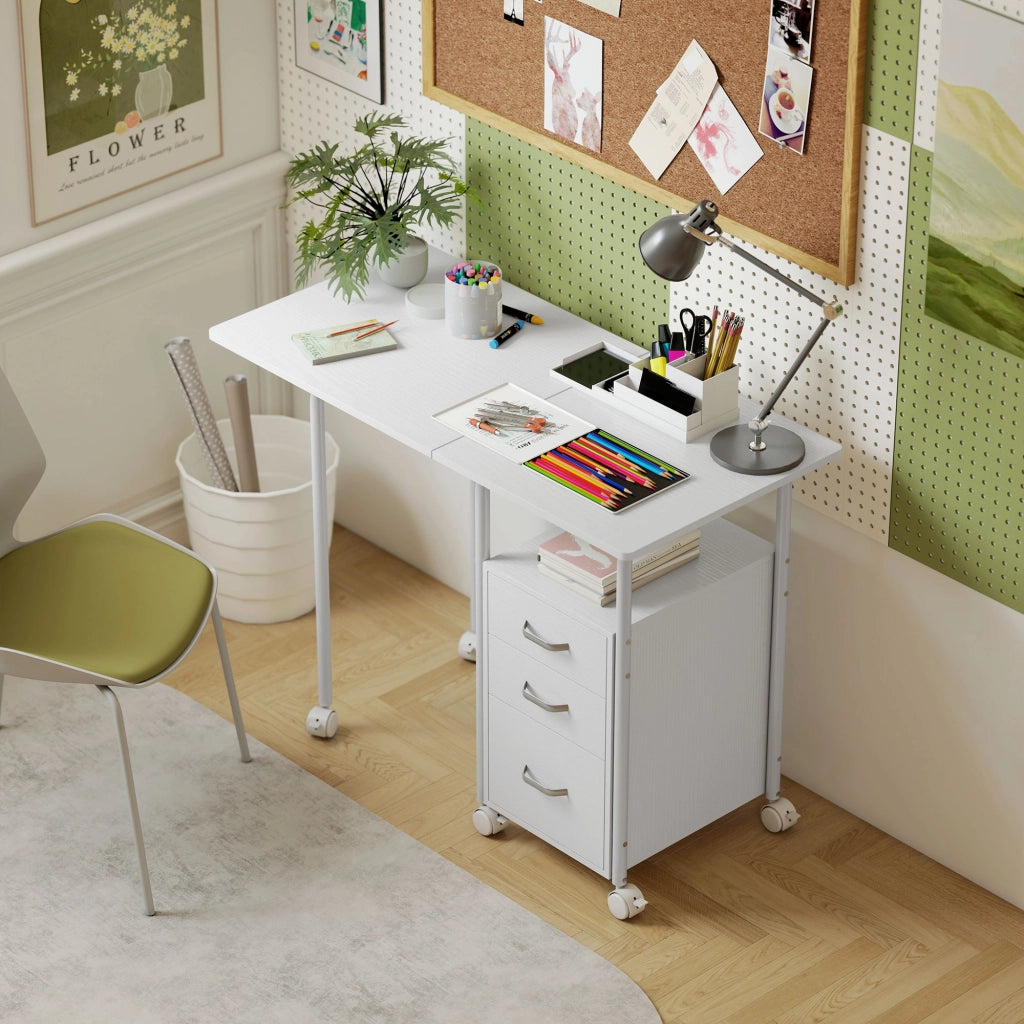 Scrivania pieghevole con ruote ¨C Xylo ¨C 3 cassetti, ripiano estraibile, 105x51x75.5cm, bianco