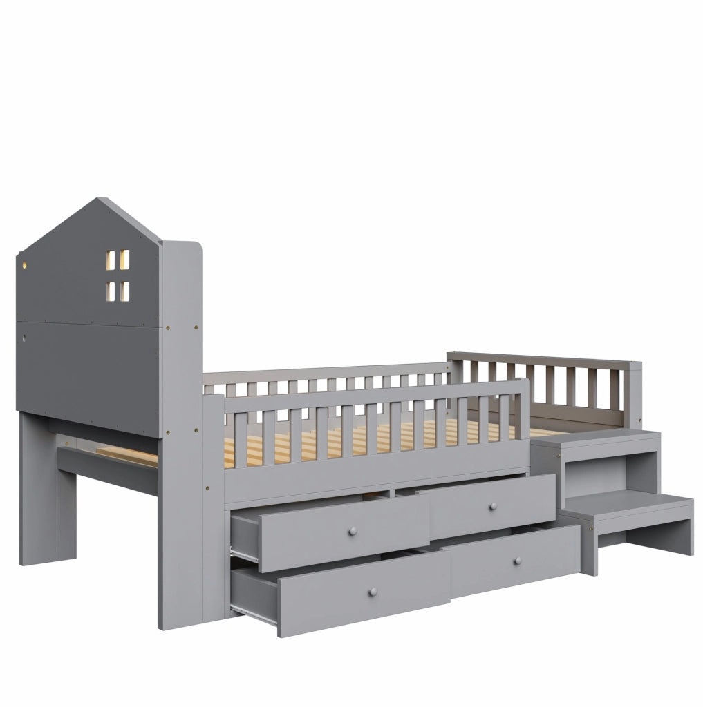 Letto per bambini 90x200 cm con 4 cassetti, LED, USB e USB-C grigio