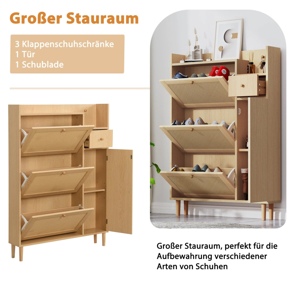 Scarpiere compatta in MDF con ante a ribalta, cassetto e struttura effetto naturale e bianco