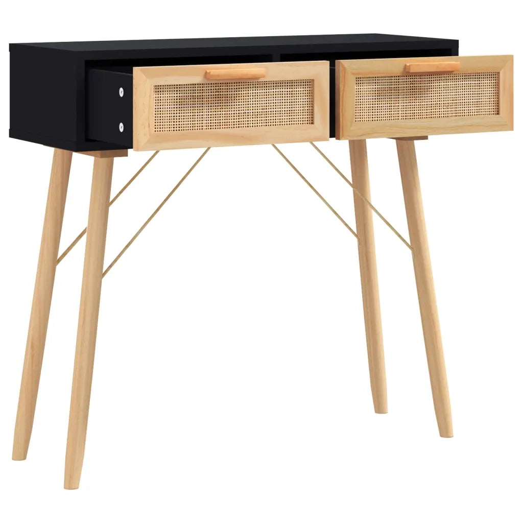 Tavolo Consolle | Tavolo d'Ingresso Nero 80x30x75cm Massello Pino e Rattan Naturale