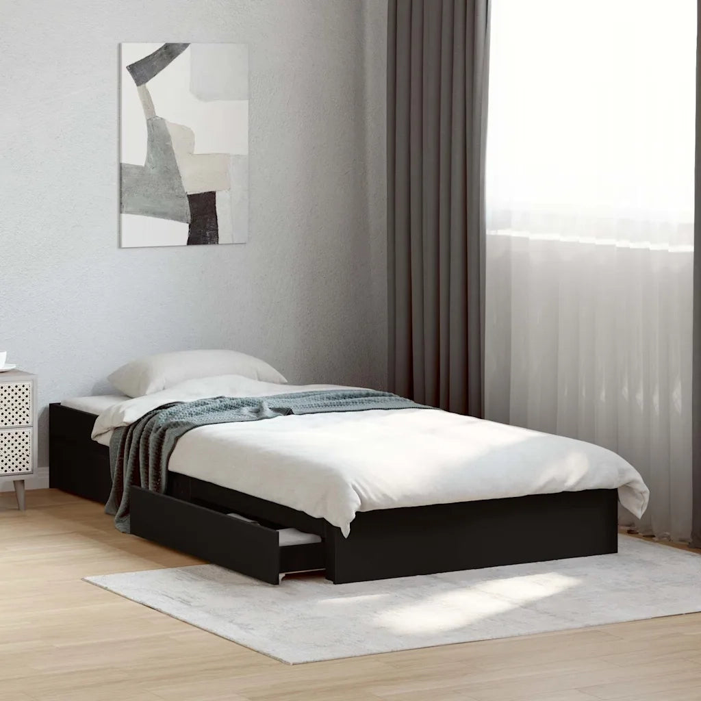Letto singolo | Letto per adulti | Giroletto con Cassetti Nero 75x190 cm in Legno Multistrato
