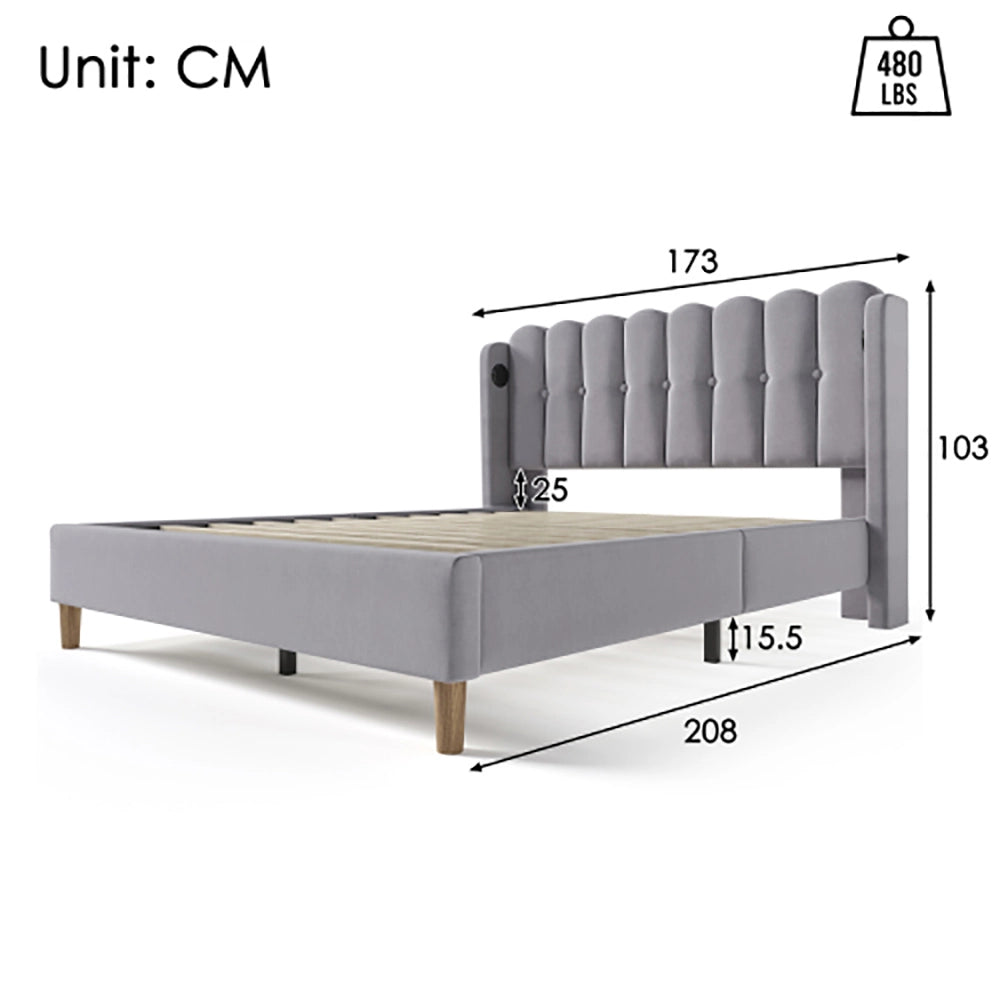 Letto imbottito matrimoniale - Xylo - 160x200 cm - Grigio - USB Type C, telaio con rete a doghe