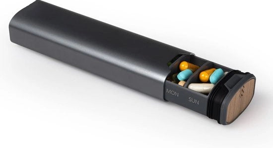 Organizzatore settimanale per pastiglie - Contenitore per 7 giorni - Pill organizer settimanale - Cassa in alluminio per pastiglie giornaliere - Contenitori per pastiglie con coperchi separati - Per vitamine, pastiglie e integratori - Nero