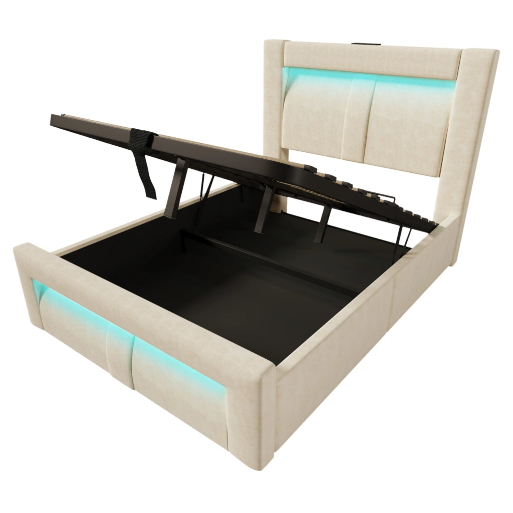Letto singolo 90x200 cm con contenitore, LED, USB Type-C, velluto beige, con materasso