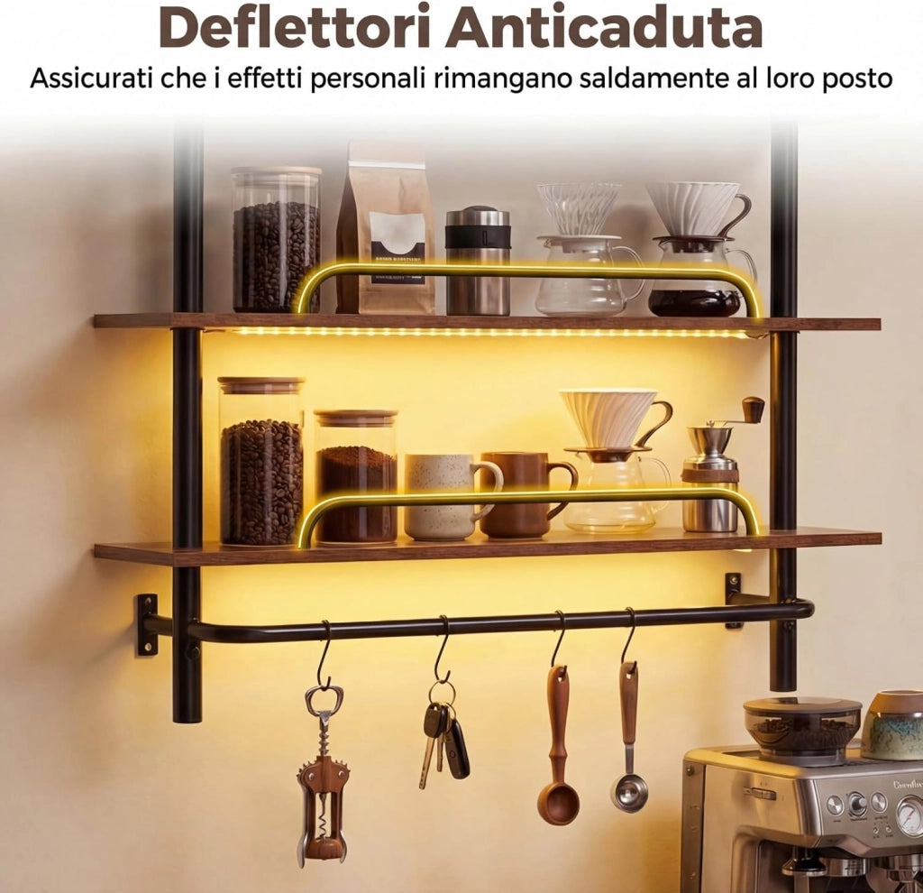 Mensola da Parete, Scaffalatura a 3 Livelli con Luce LED e 4 Ganci a S, Controllo Remoto e APP, Scaffale per Riporre e Esporre in Cucina, Camera da Letto e Soggiorno, 80,5x24x97 cm