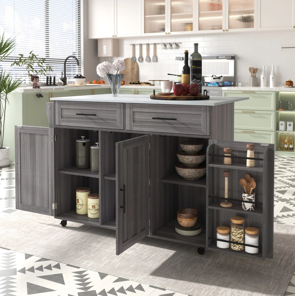 Carrello cucina multifunzionale con piano allungabile 129x46x91;5 cm; grigio e bianco