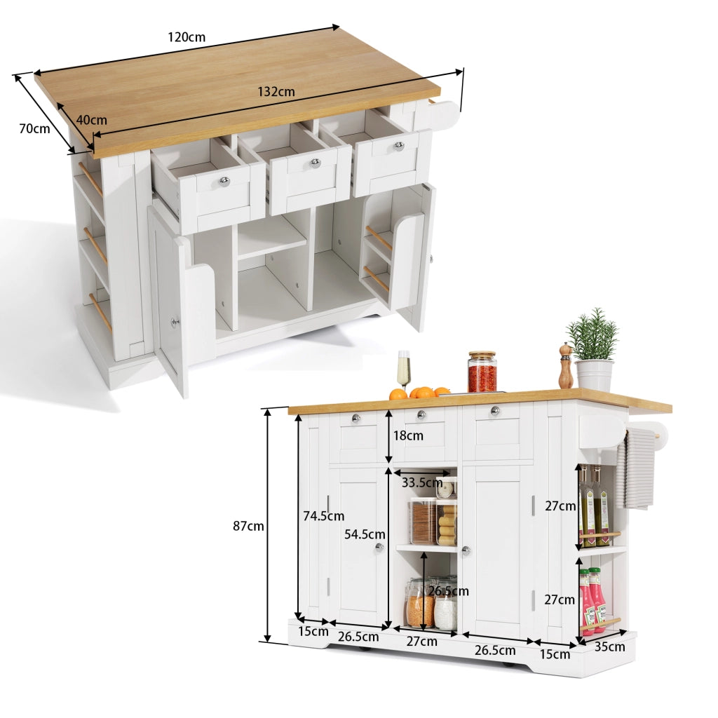 Isola da Cucina Mobile 132x40/70x87 cm Bianca e Legno con Piano Ribaltabile; Prese USB e Cassetti