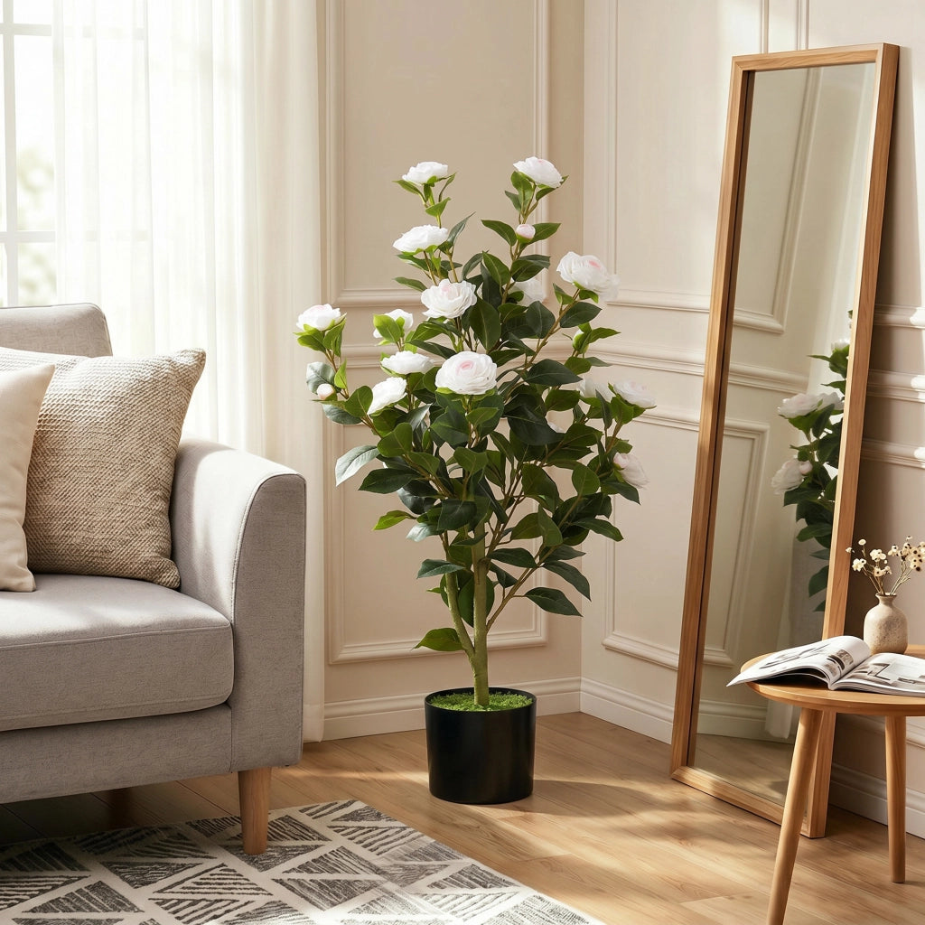 Pianta Finta di Camelia con Fiori Realistici. 176 Foglie in PEVA e Vaso Nero in PP Riempito in Cemento. Bianco