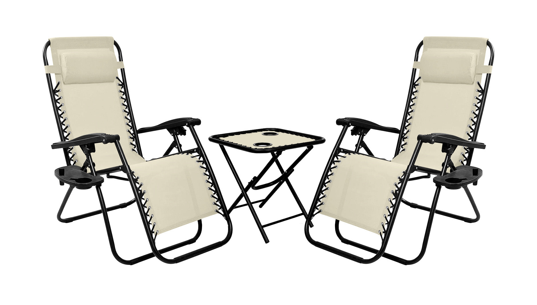 Set Di 2 Sedie A Sdraio Con Tavolino  Zero Gravity Pieghevoli Schienale Regolabile Da Esterno Con Portabicchieri Poggiatesta Poltrona Sedia Relax Terrazzo Giardino - Set Beige