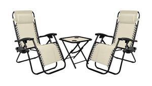 Set Di 2 Sedie A Sdraio Con Tavolino  Zero Gravity Pieghevoli Schienale Regolabile Da Esterno Con Portabicchieri Poggiatesta Poltrona Sedia Relax Terrazzo Giardino - Set Beige