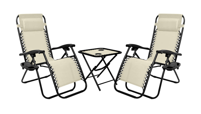 Set Di 2 Sedie A Sdraio Con Tavolino  Zero Gravity Pieghevoli Schienale Regolabile Da Esterno Con Portabicchieri Poggiatesta Poltrona Sedia Relax Terrazzo Giardino - Set Beige