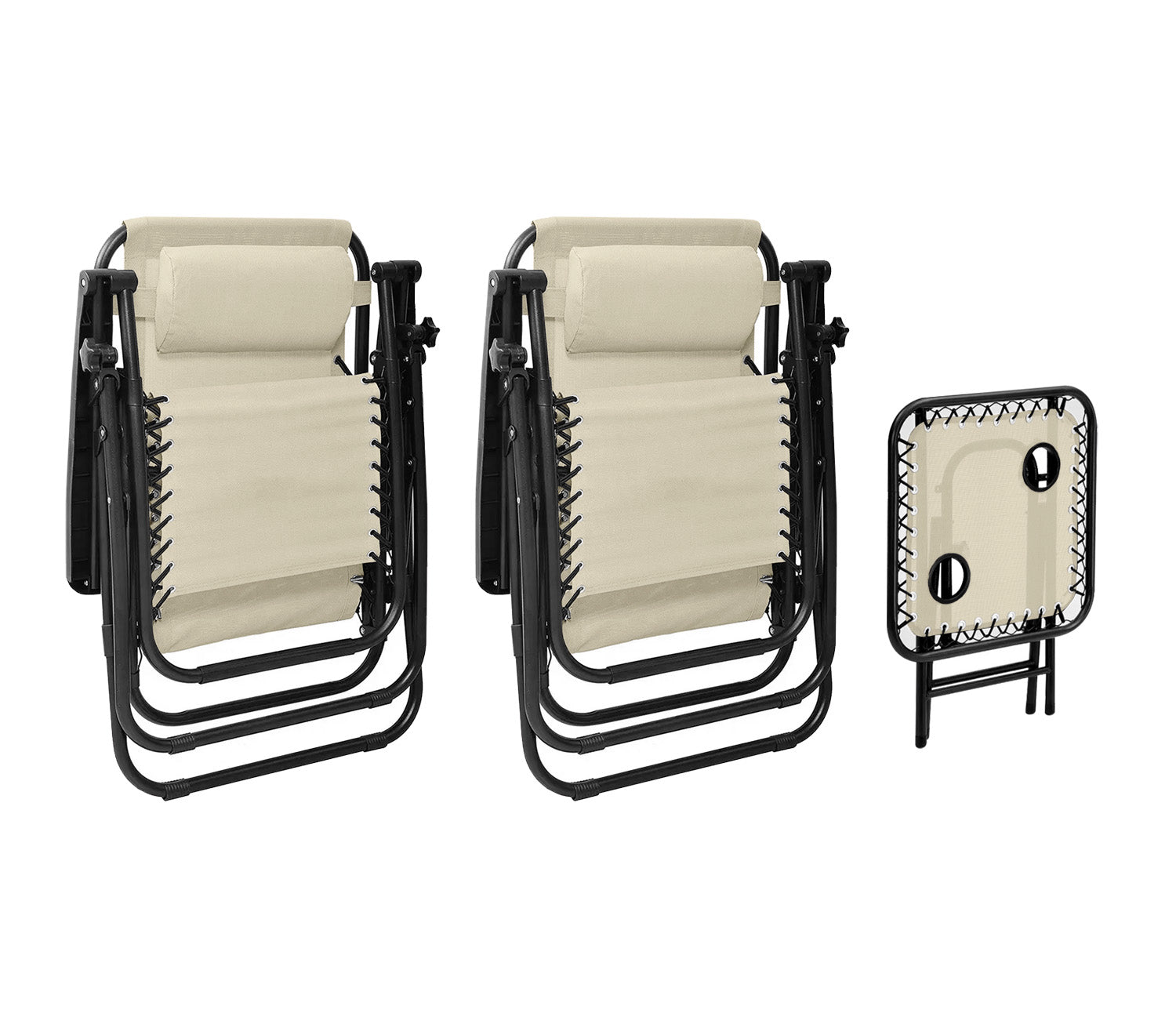 Set Di 2 Sedie A Sdraio Con Tavolino  Zero Gravity Pieghevoli Schienale Regolabile Da Esterno Con Portabicchieri Poggiatesta Poltrona Sedia Relax Terrazzo Giardino - Set Beige