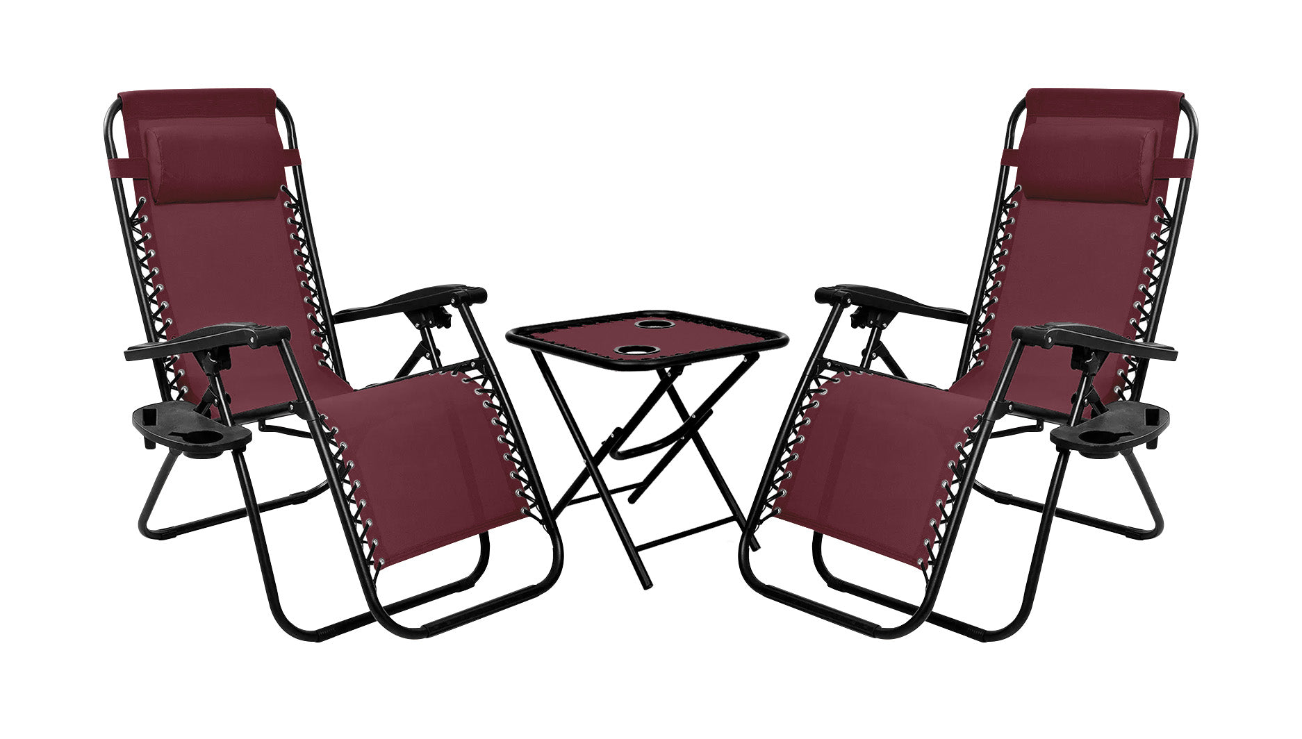 Set Di 2 Sedie A Sdraio Con Tavolino  Zero Gravity Pieghevoli Schienale Regolabile Da Esterno Con Portabicchieri Poggiatesta Poltrona Sedia Relax Terrazzo Giardino - Set Bordeaux