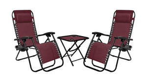 Set Di 2 Sedie A Sdraio Con Tavolino  Zero Gravity Pieghevoli Schienale Regolabile Da Esterno Con Portabicchieri Poggiatesta Poltrona Sedia Relax Terrazzo Giardino - Set Bordeaux