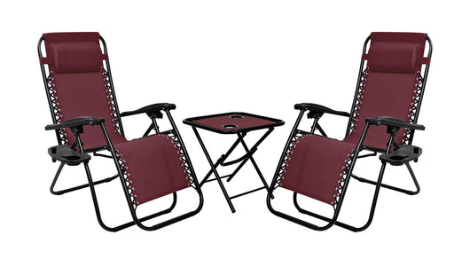 Set Di 2 Sedie A Sdraio Con Tavolino  Zero Gravity Pieghevoli Schienale Regolabile Da Esterno Con Portabicchieri Poggiatesta Poltrona Sedia Relax Terrazzo Giardino - Set Bordeaux