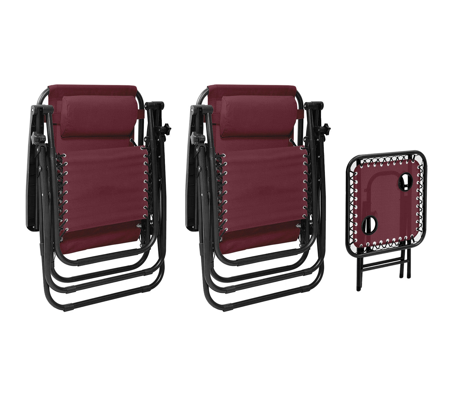 Set Di 2 Sedie A Sdraio Con Tavolino  Zero Gravity Pieghevoli Schienale Regolabile Da Esterno Con Portabicchieri Poggiatesta Poltrona Sedia Relax Terrazzo Giardino - Set Bordeaux