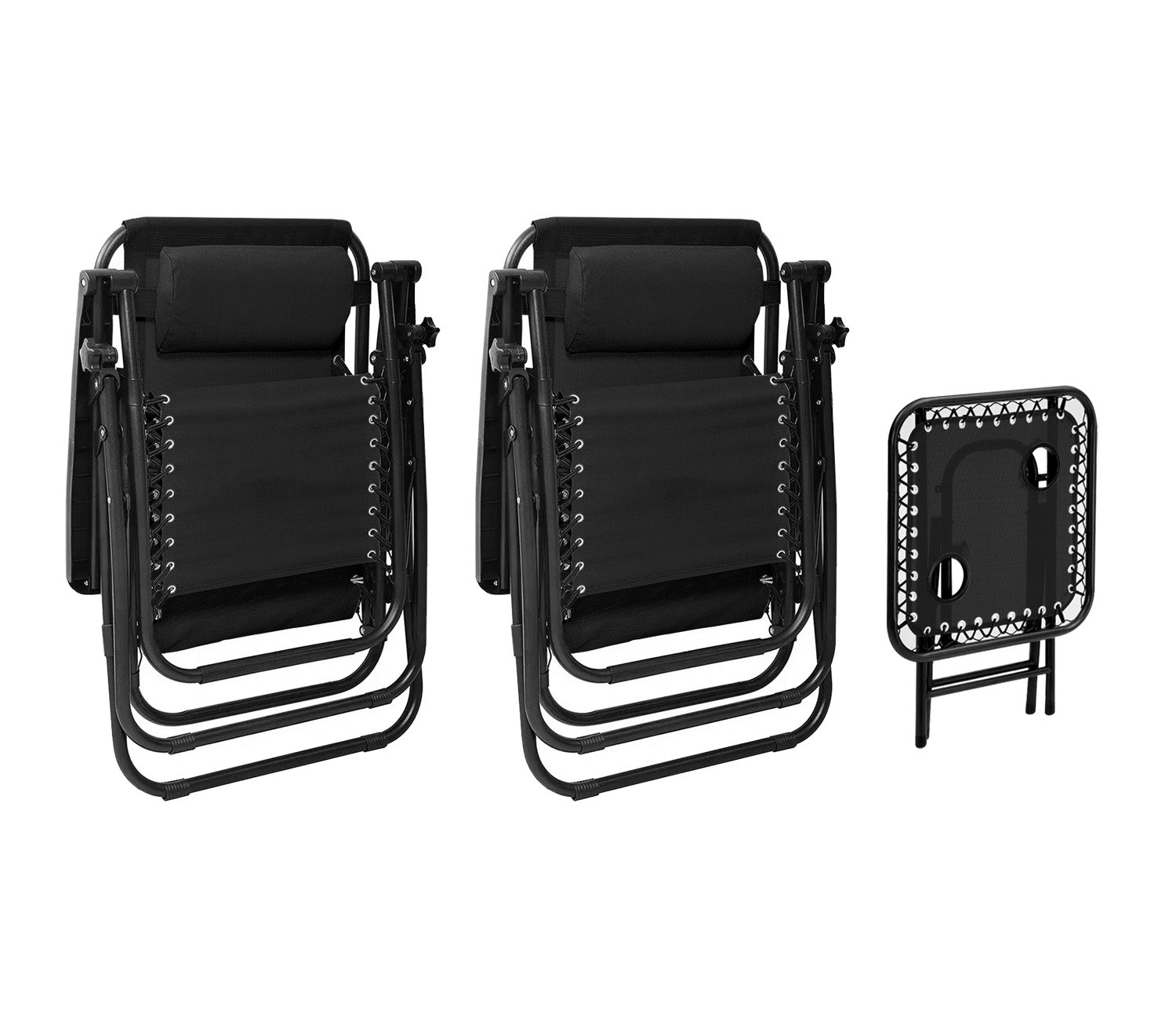 Set Di 2 Sedie A Sdraio Con Tavolino  Zero Gravity Pieghevoli Schienale Regolabile Da Esterno Con Portabicchieri Poggiatesta Poltrona Sedia Relax Terrazzo Giardino - Set Nero